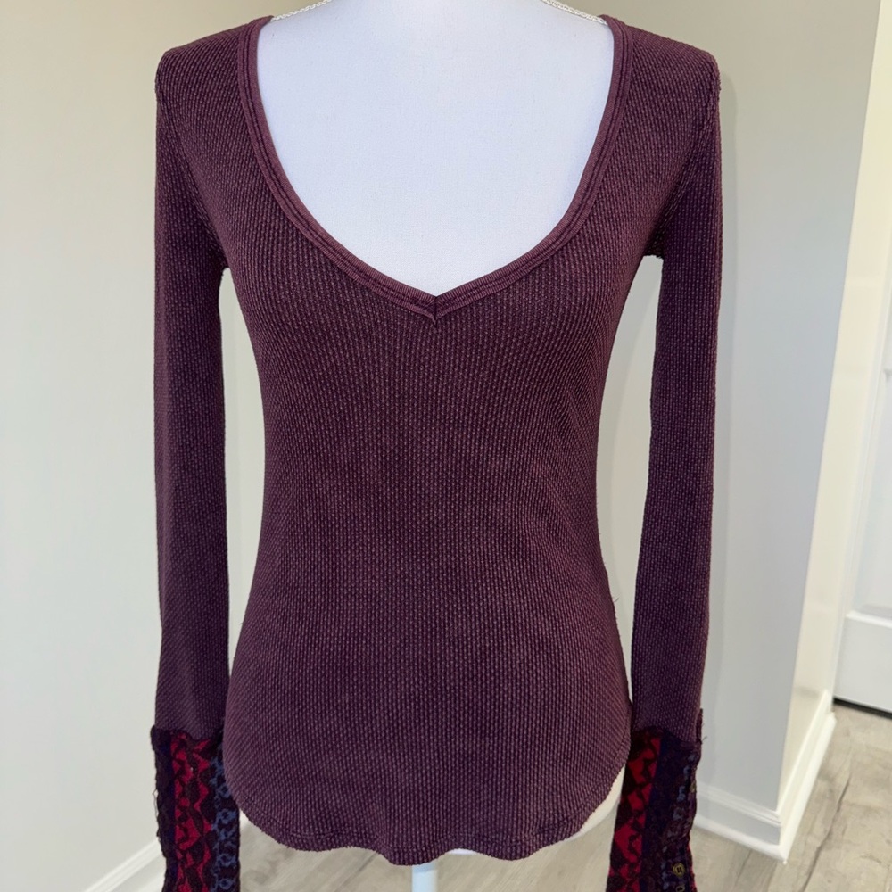 We The Free Free People Plum Waffle Thermal Patchwork Cuff Top Boho‎